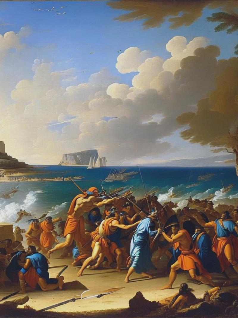 04734-2407770737-a bronze robot on a beach being attacked by ancient greek soliders, on a beach painting by Nicolas Poussin, 1600s.png